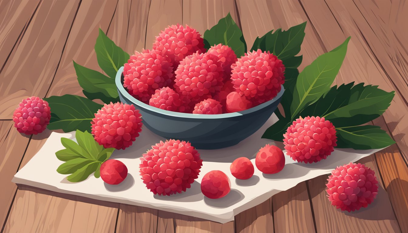 A pile of lychees, some with bright red shells and others with a more muted color, sitting on a wooden table with a few leaves scattered around