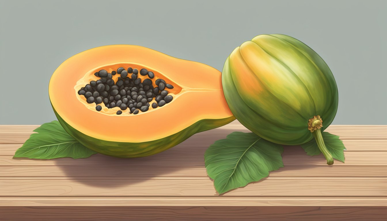 A papaya resting on a wooden surface, with a gentle indentation where it has been gently pressed to assess its ripeness