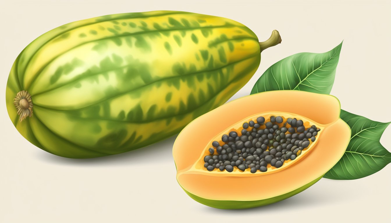 A papaya with a fragrant aroma, soft to the touch, yellow skin with patches of green, and slightly wrinkled at the stem