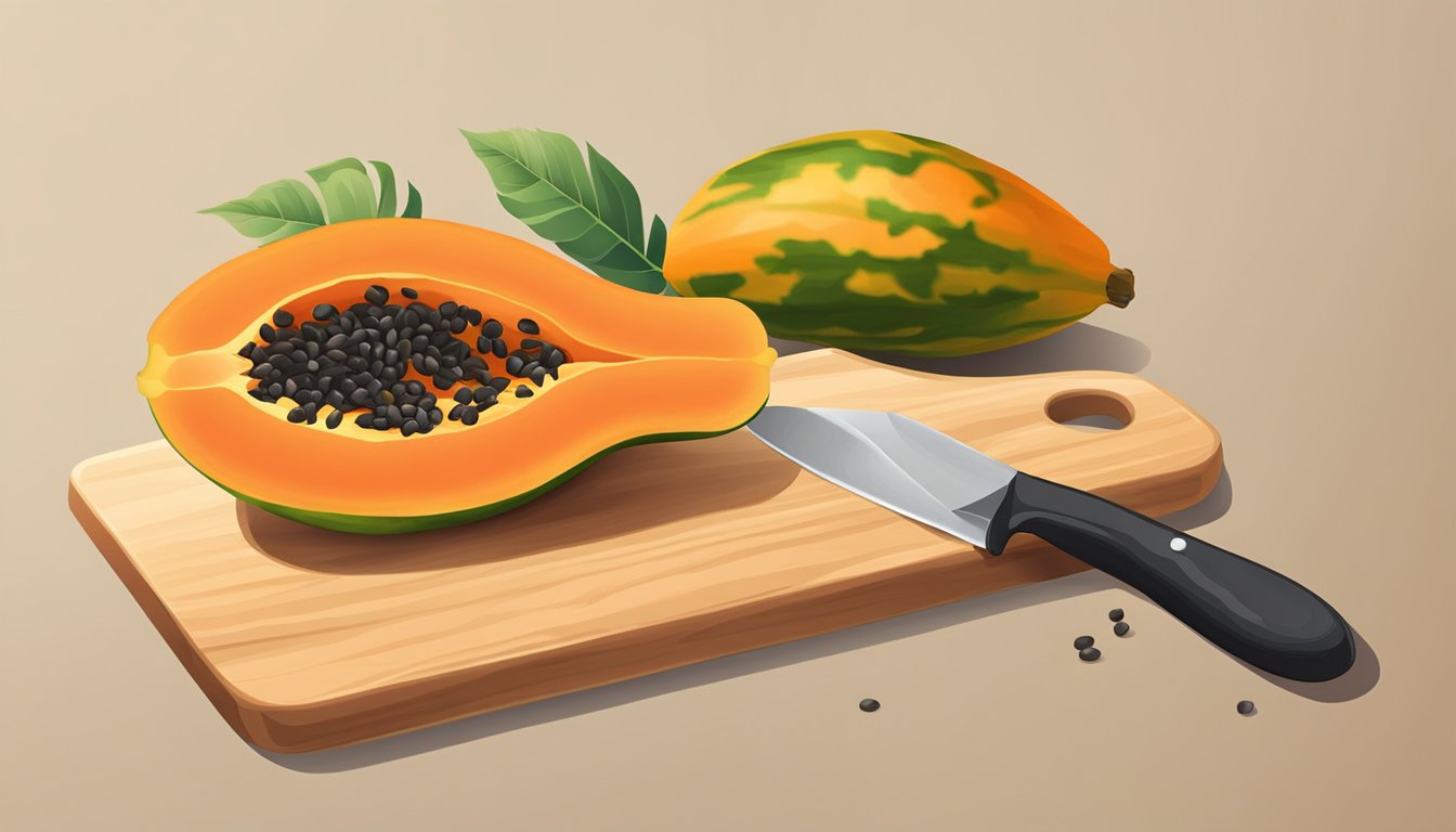 A ripe papaya sitting on a wooden cutting board with a knife next to it. The papaya is cut open to reveal its vibrant orange flesh and black seeds. A few slices of papaya are arranged on a plate next to it