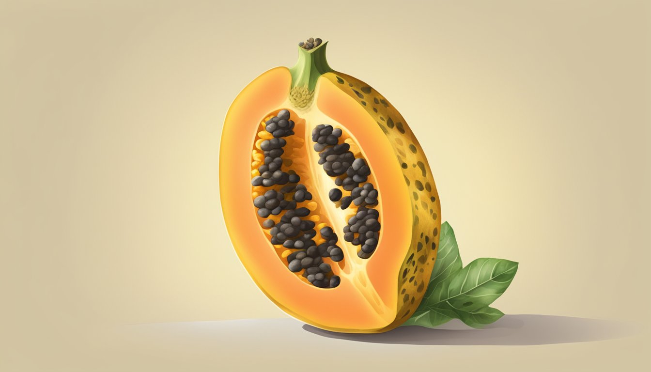 A ripe papaya sits on a kitchen counter, its golden yellow skin speckled with patches of orange. The fruit is firm but yields slightly to gentle pressure