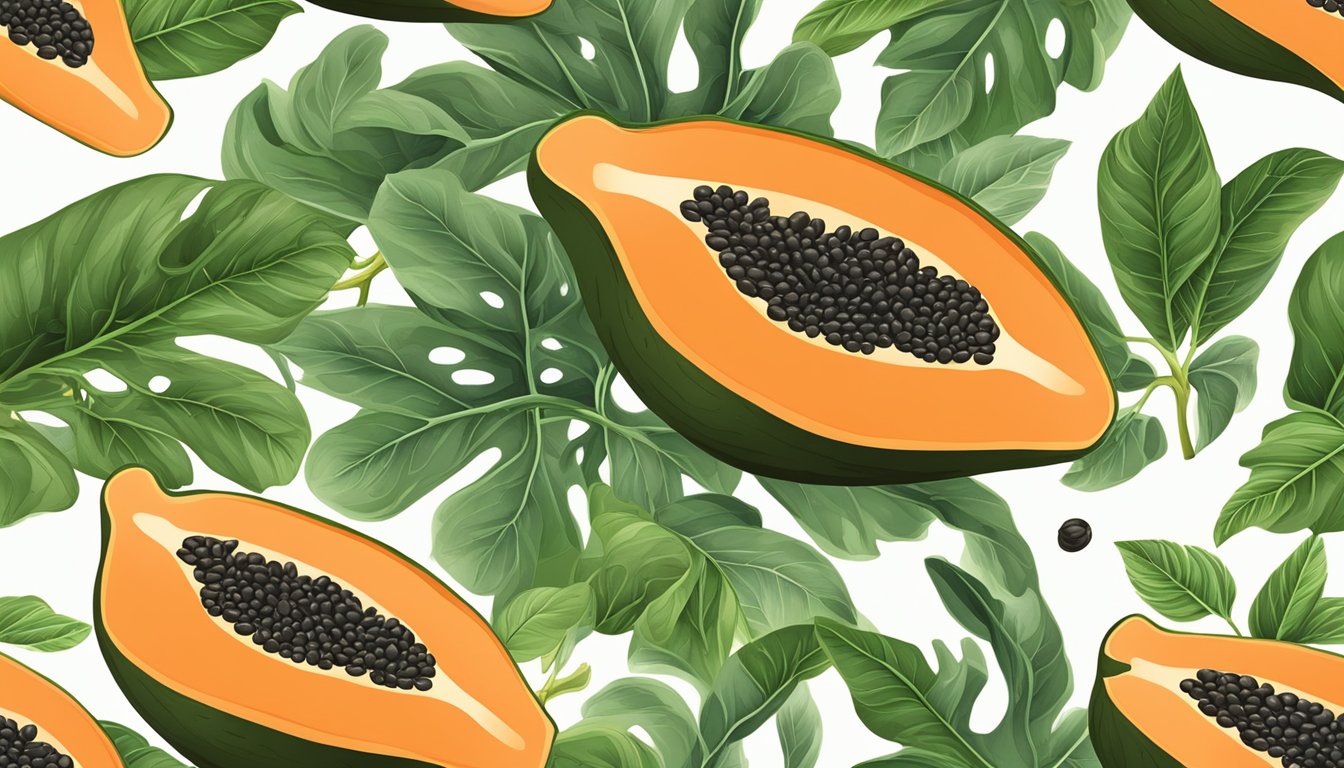 A papaya sliced open, with vibrant orange flesh and black seeds, surrounded by green leaves and a few small fruit flies buzzing around