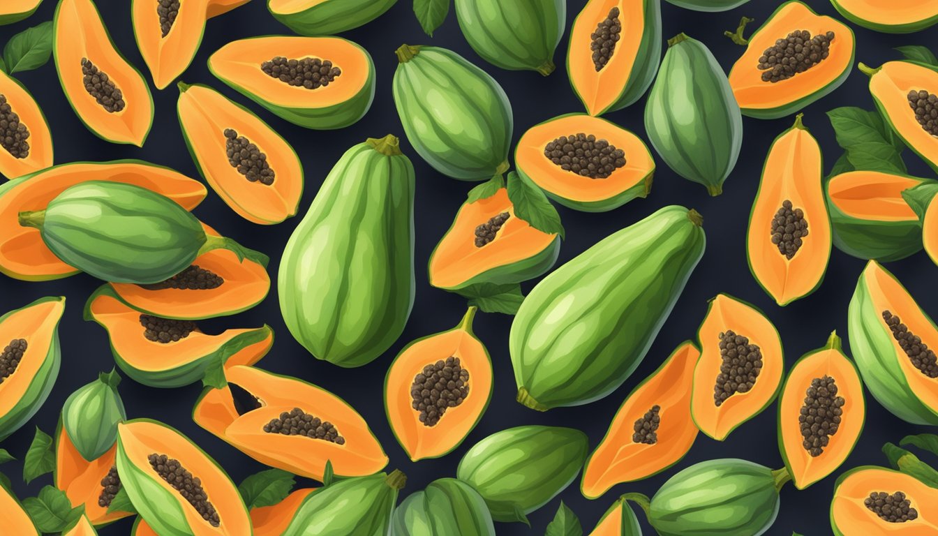 A ripe papaya surrounded by unripe ones, with vibrant orange skin and a sweet aroma