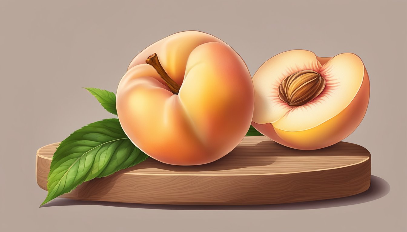 A ripe white flesh peach sits on a wooden cutting board, ready to be sliced for culinary use