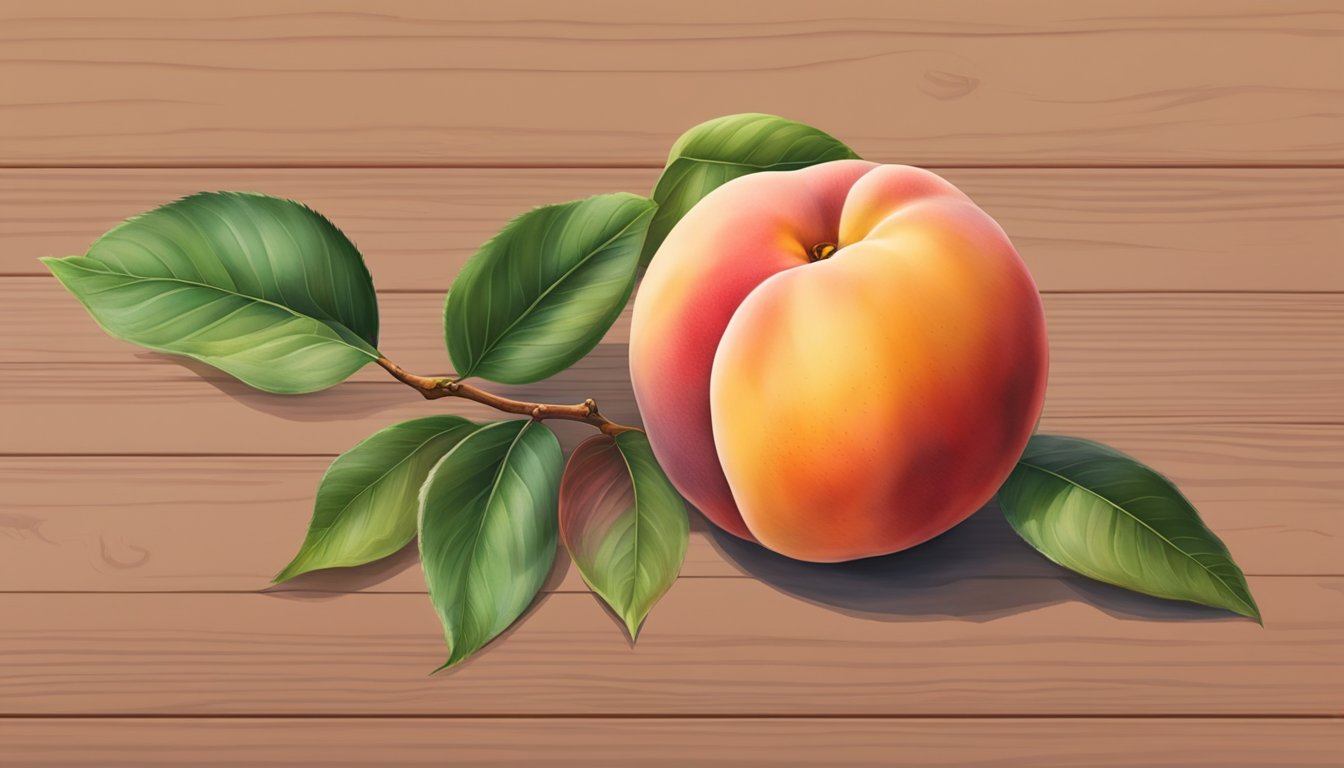 A redskin peach sits on a wooden surface, its skin showing a deep red blush with a slight softness when gently pressed. A sweet aroma fills the air