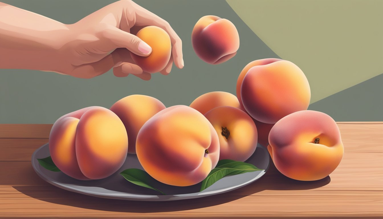 A hand reaches for a redskin peach, gently pressing the flesh to test for firmness. The peach sits on a wooden surface next to a cluster of ripe peaches