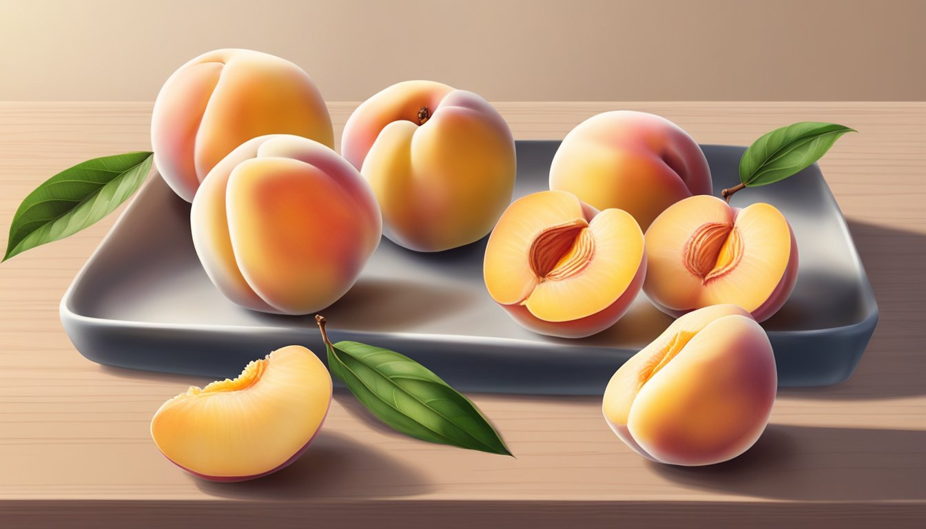 A collection of white flesh peaches, varying in size and color, sit on a wooden surface. Some are slightly soft to the touch, emitting a sweet aroma