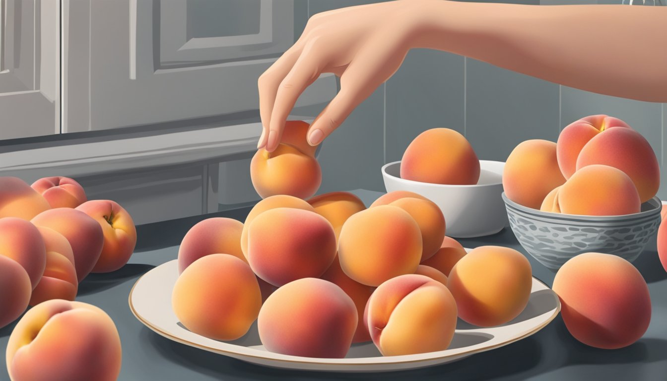 A hand reaching for a redskin peach, gently pressing to check for firmness, with a background of other peaches and a kitchen counter