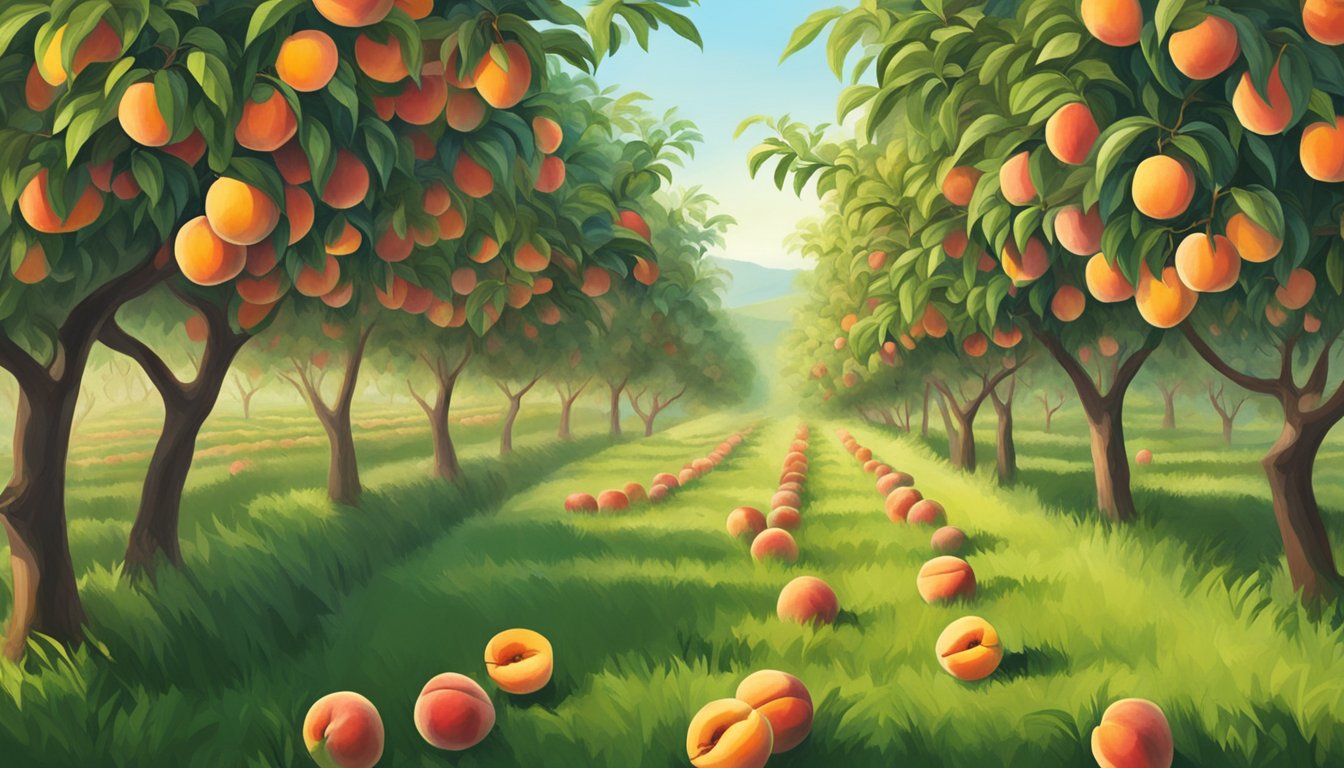 A lush orchard with rows of peach trees heavy with ripe, redskin peaches. Some peaches are ready to be picked, while others are still green