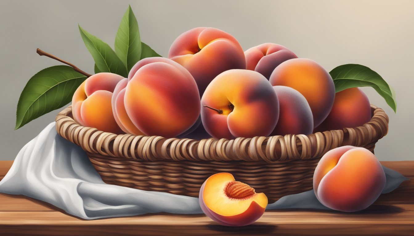 A basket of redskin peaches, some with a slightly soft texture and vibrant red color, others still firm and pale, sitting on a wooden table