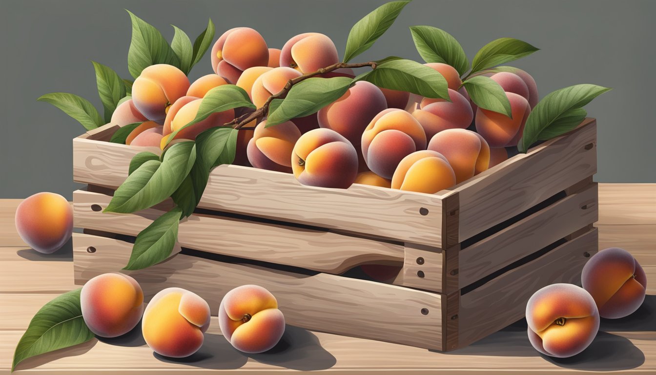 A cluster of ripe clingstone peaches being gently plucked from the tree and carefully placed into a wooden crate for storage