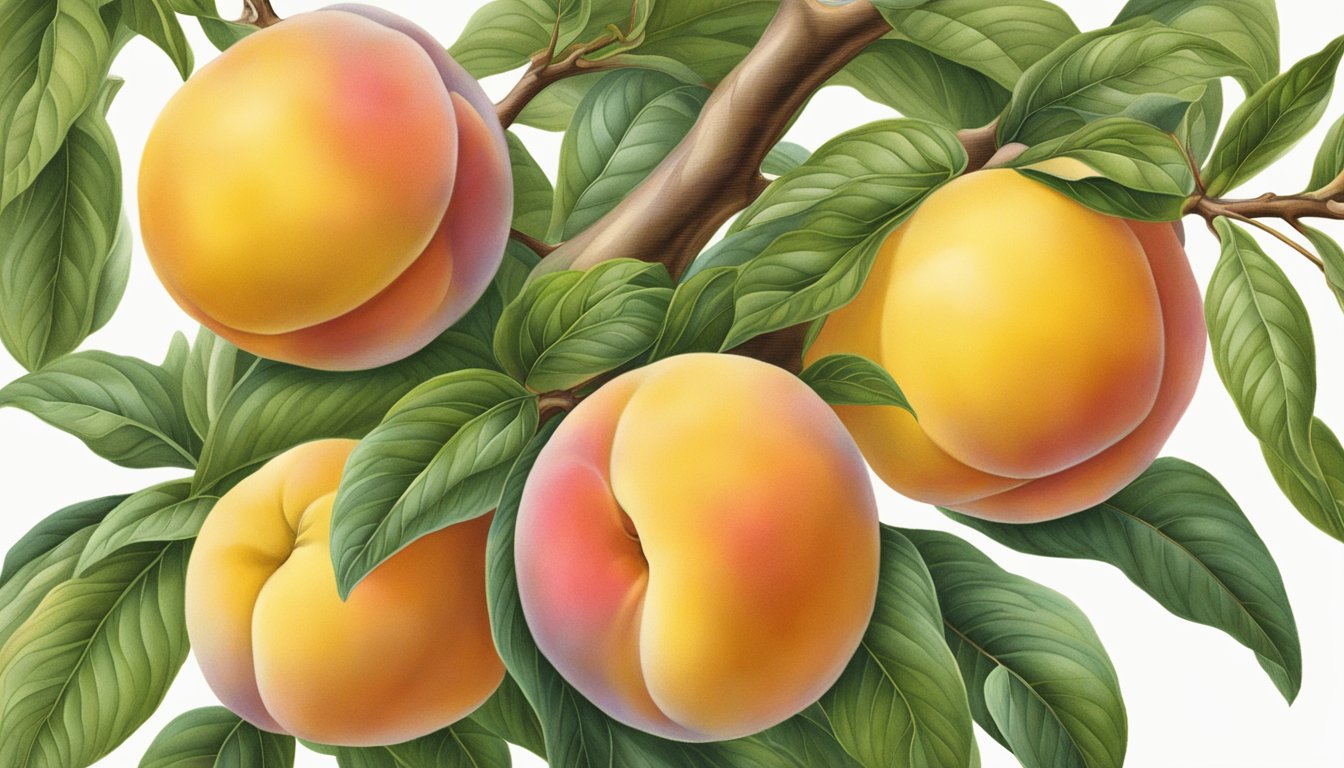 A ripe Babcock peach sits on a branch, its skin a vibrant golden-yellow with a slight blush. The fruit is plump and gives slightly when gently pressed