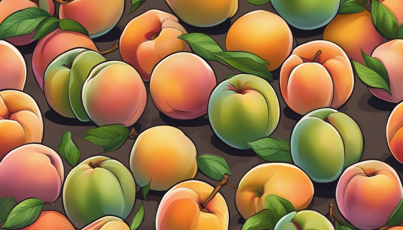 A cluster of peaches, some firm and green, others soft and bruised, sit on a wooden table. One peach is cut open to reveal its underripe flesh