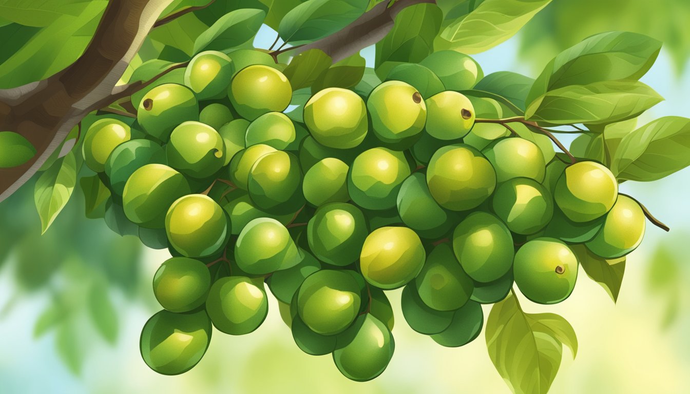 A cluster of longans on a tree branch, some with yellow-brown skin and others still green, surrounded by green leaves and dappled sunlight