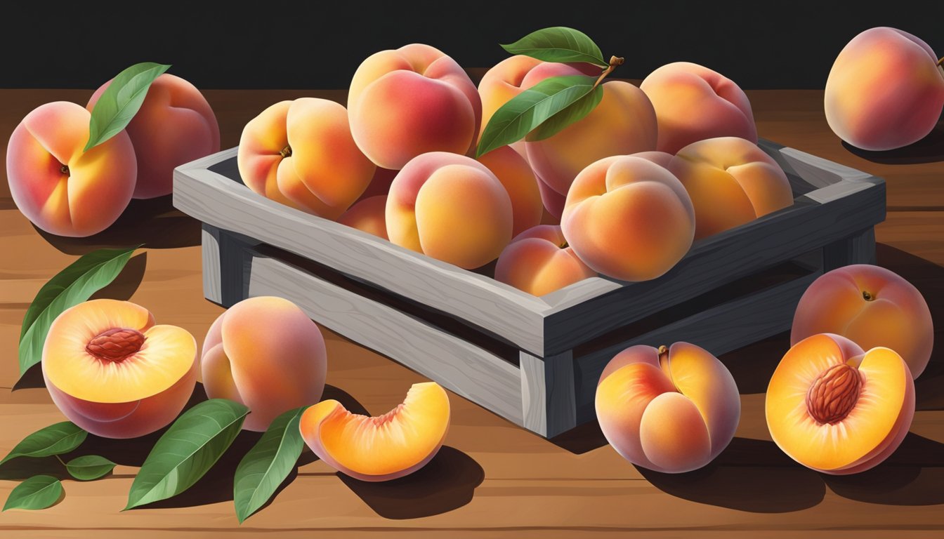 A cluster of semi freestone peaches, varying in color from yellow to blush, sit on a wooden table. One peach is sliced open to reveal its ripe, juicy flesh