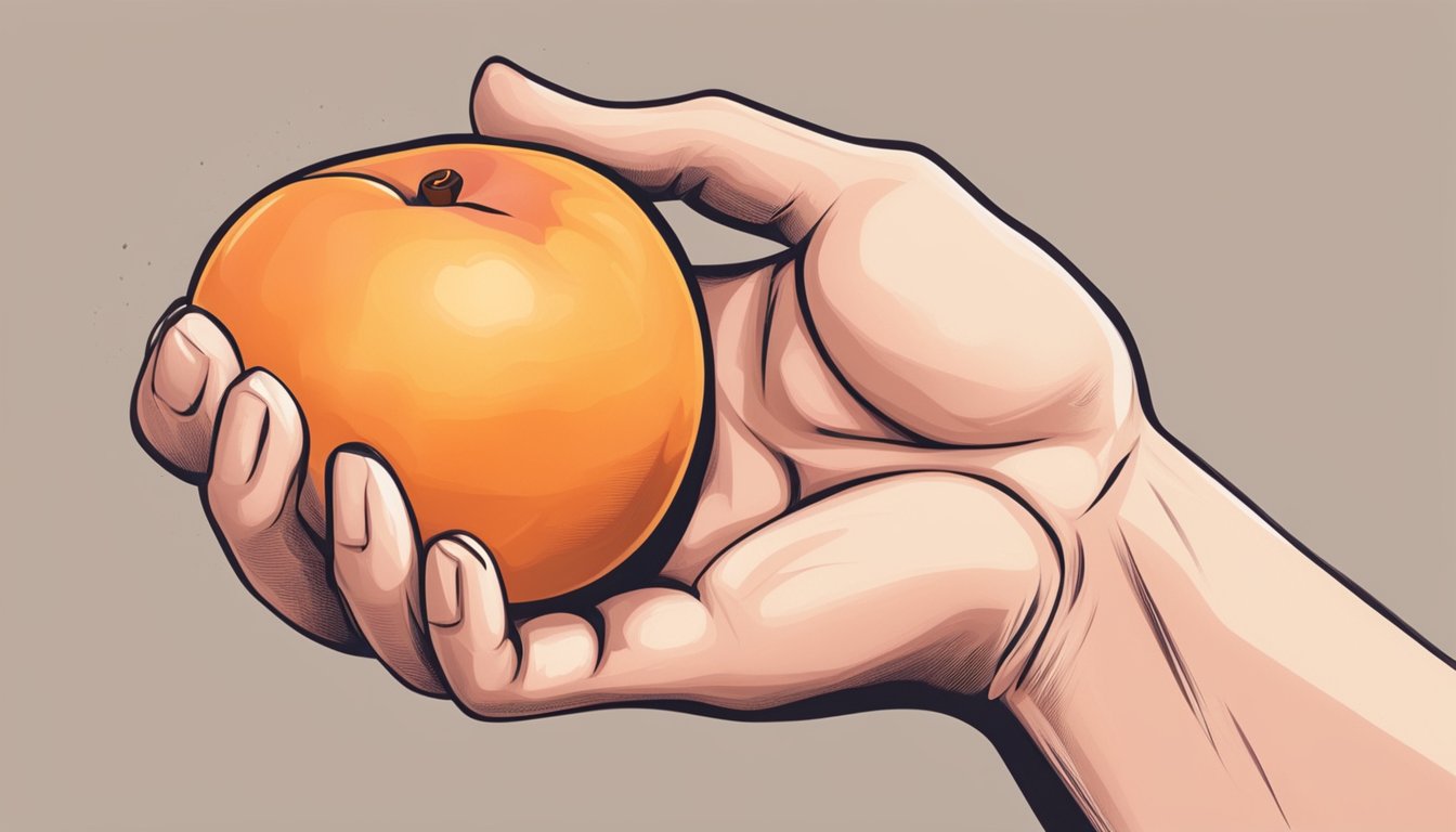 A hand reaching for a semi freestone peach, gently pressing the flesh to check for a slight give and sweet aroma