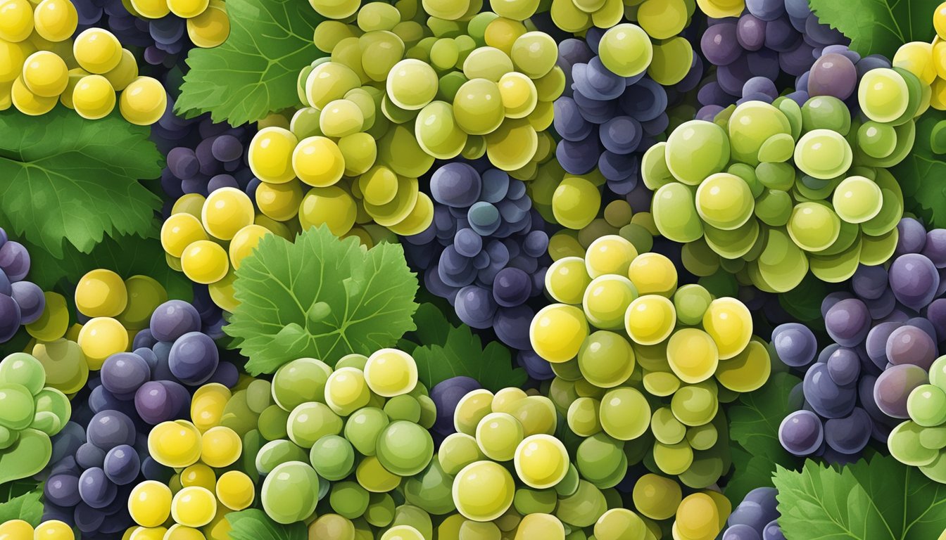 A cluster of champagne grapes, varying shades of yellow and green, are carefully examined under a microscope for sugar content and acidity levels