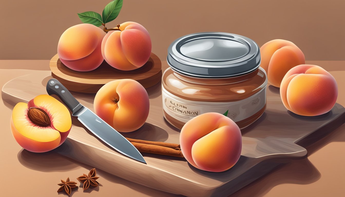 A ripe semi-freestone peach sits on a cutting board, surrounded by a knife, a bowl of sugar, and a jar of cinnamon