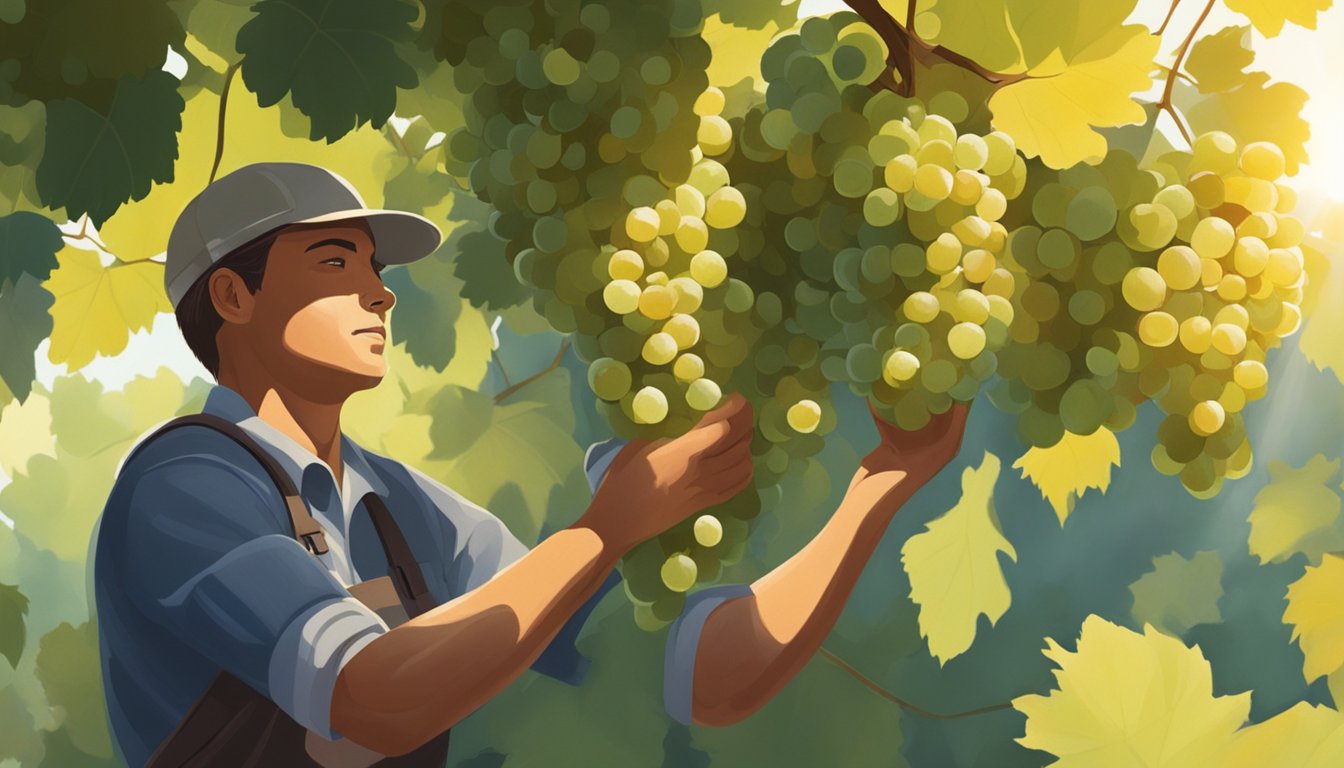 A vineyard worker inspects clusters of grapes, checking for color, firmness, and sweetness. Sunlight filters through the leaves, casting dappled shadows on the ripe fruit