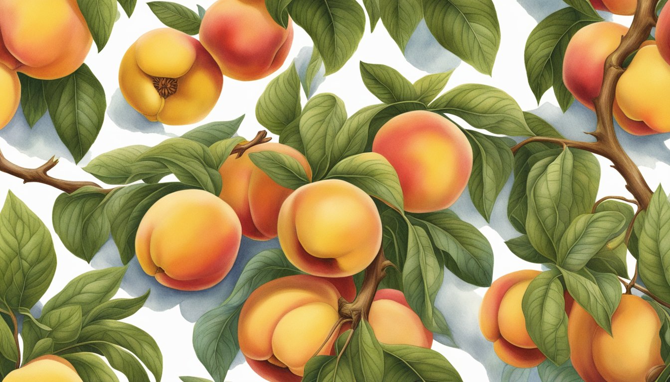 A cresthaven peach hangs from a tree, its skin a vibrant blend of red and yellow. The fruit gives slightly to gentle pressure, emitting a sweet aroma