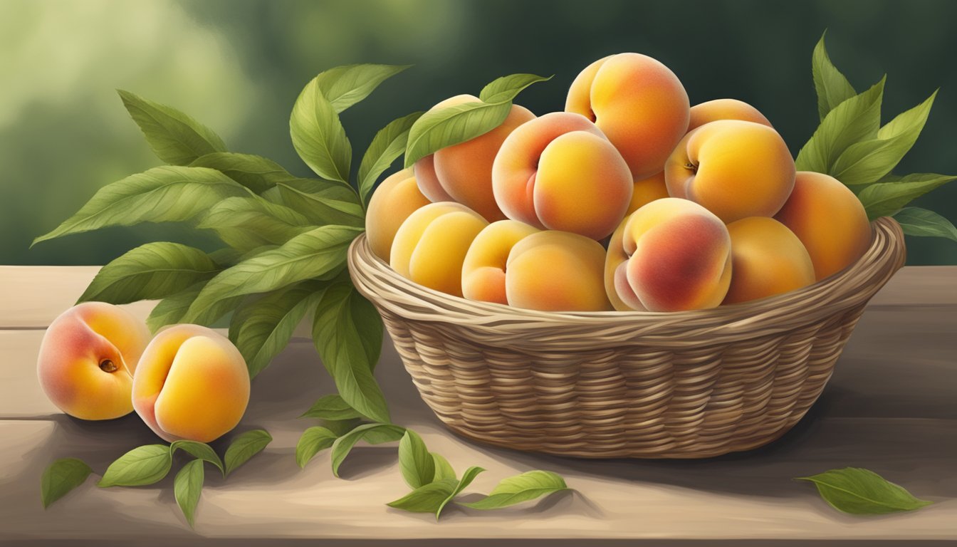 A basket of semi freestone peaches, some with a golden-yellow hue and a gentle fragrance, while others still have a slight green tinge