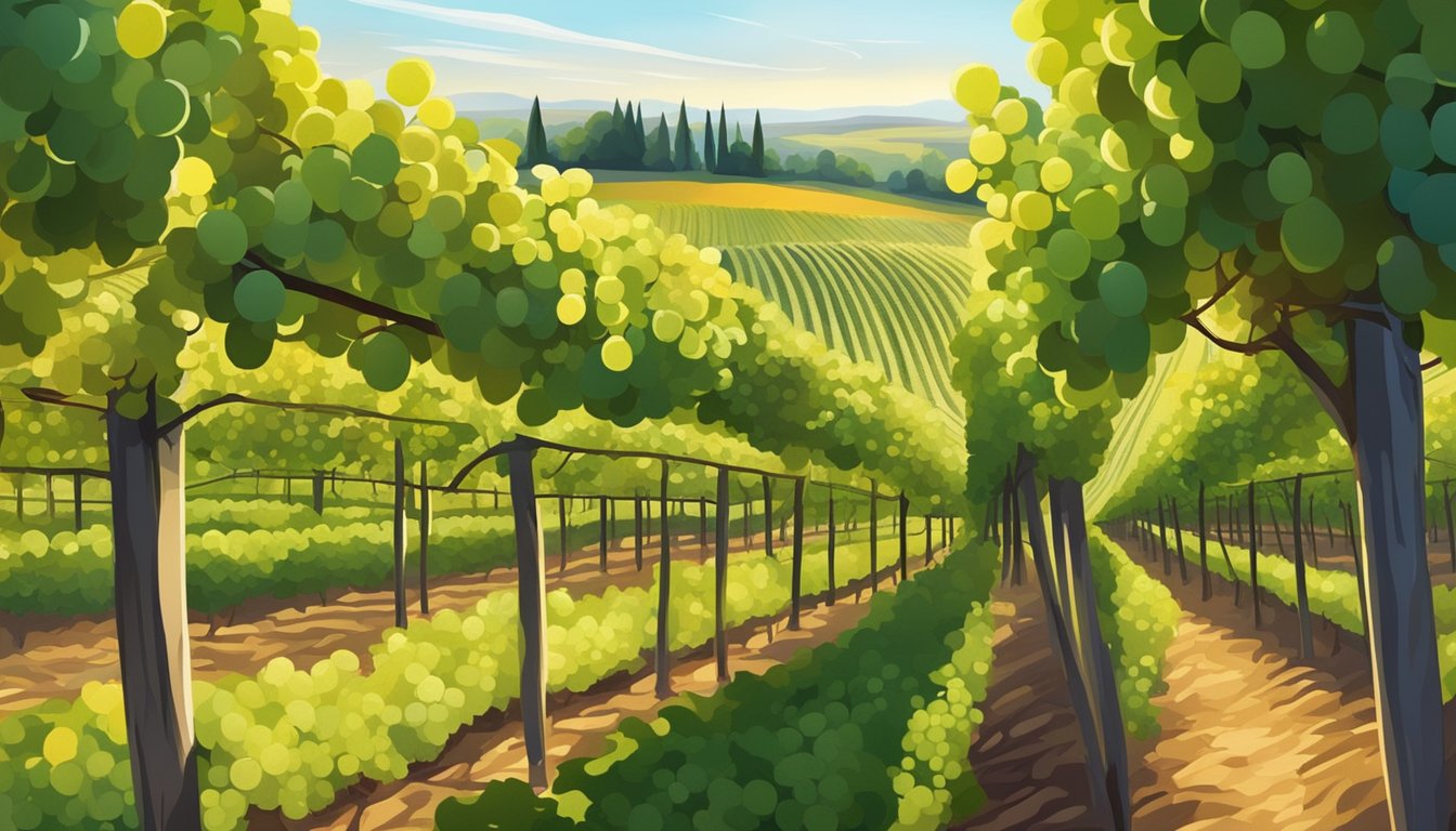 Vineyard with rows of champagne grapevines, some clusters ripe, others still green. Sunlight filters through the leaves, casting dappled shadows on the ground