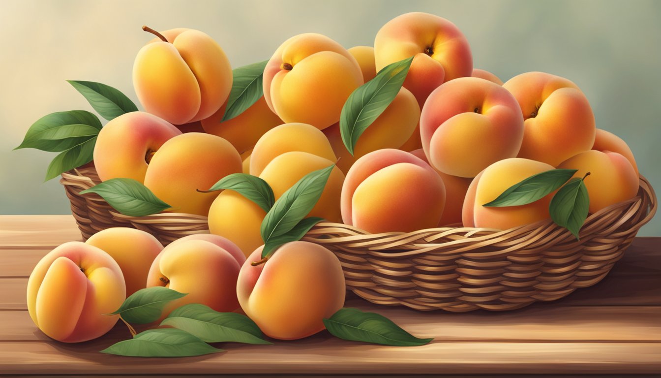 A pile of Cresthaven peaches, some with a golden-yellow hue and slightly soft to the touch, sit on a wooden surface next to a wicker basket