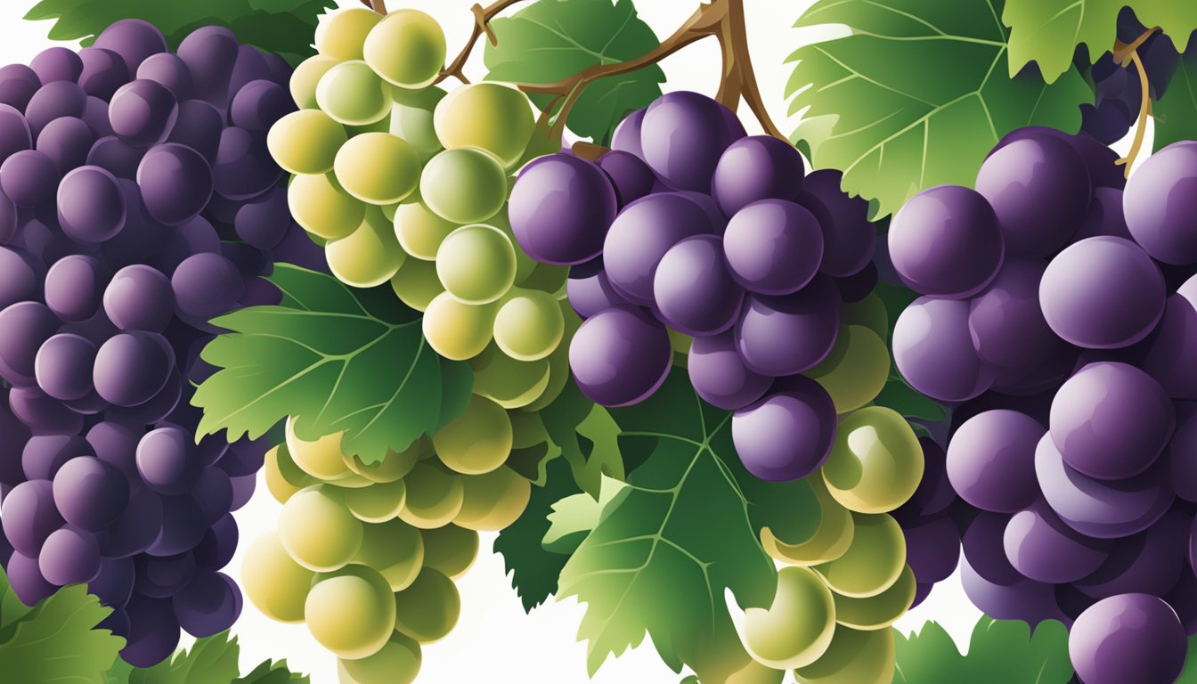 A cluster of champagne grapes with deep purple color, plump and juicy, surrounded by green leaves and vines