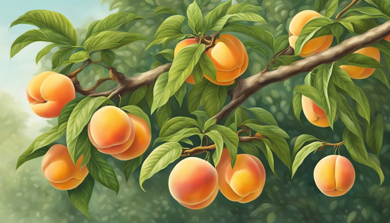 A lush peach tree with ripe Cresthaven peaches hanging from the branches. Some peaches show a vibrant orange color and a slight softness when gently squeezed