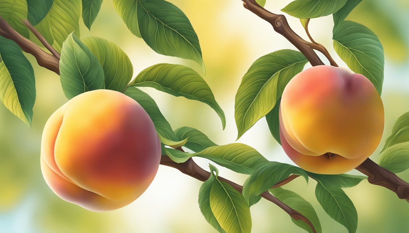 A close-up of a ripe Cresthaven peach on a tree branch, surrounded by leaves and bathed in warm sunlight