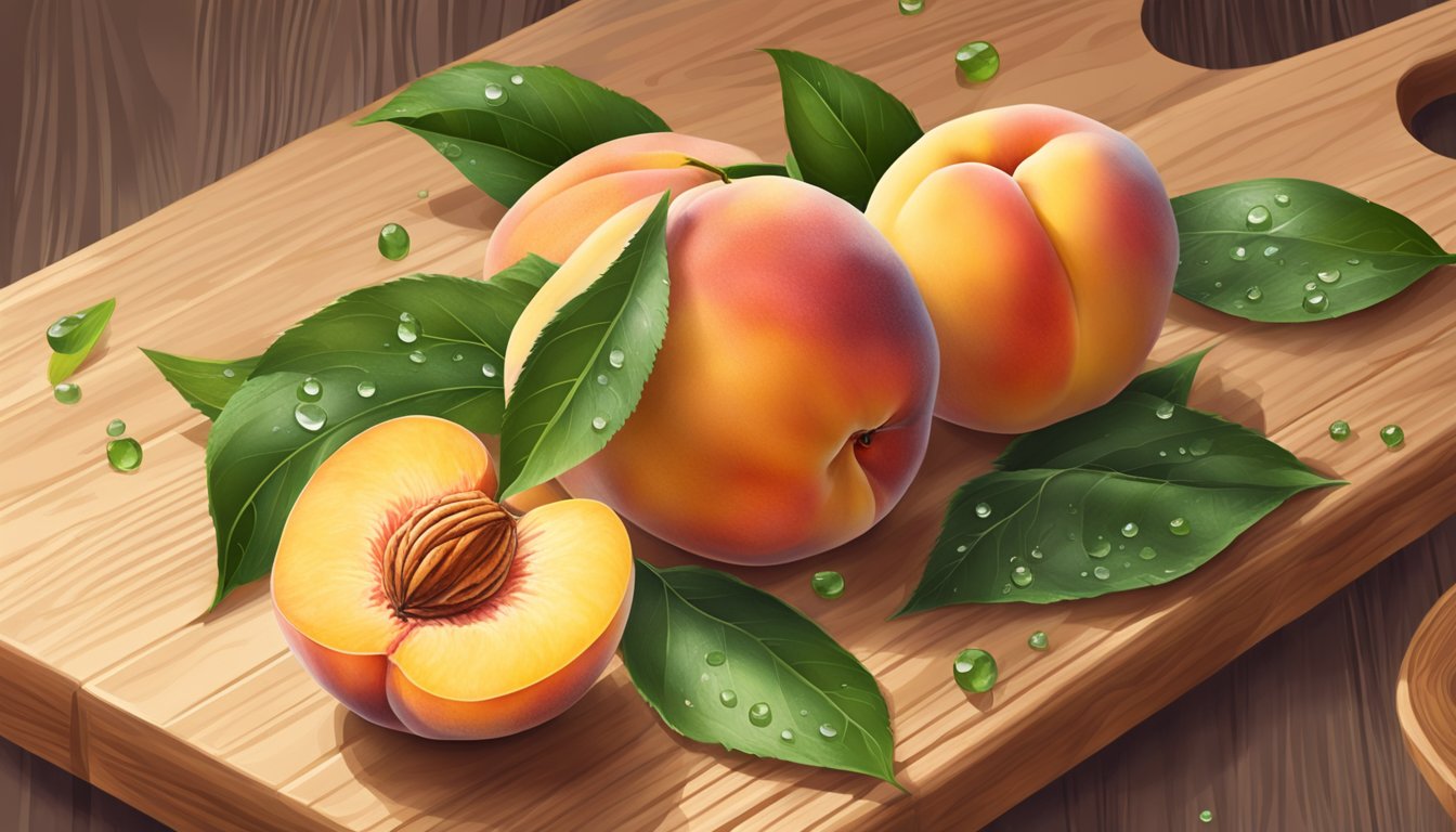 A ripe Cresthaven peach sits on a wooden cutting board, surrounded by a scattering of peach leaves and a few droplets of juice