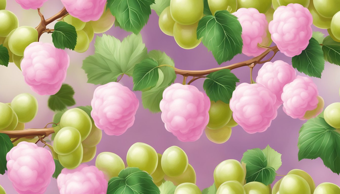 A bunch of ripe cotton candy grapes hanging from the vine, with their distinctive light pink and green colors