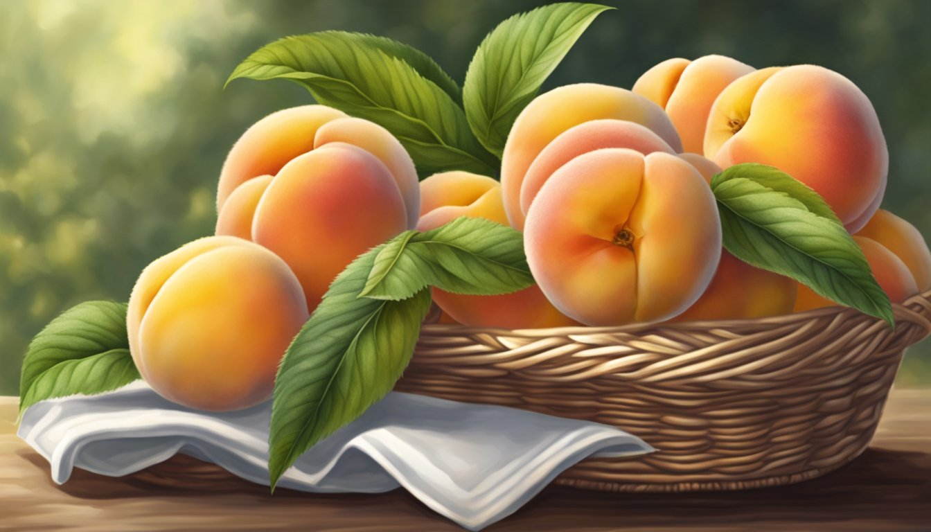 A basket of Elberta peaches, some with golden yellow skin and a gentle blush, emit a sweet aroma. One peach is gently pressed, yielding slightly to the touch