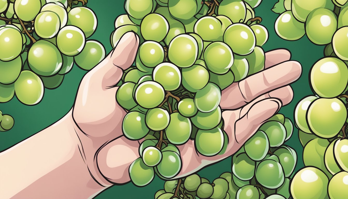 A hand reaching for a bunch of plump, translucent green grapes with a sweet, cotton candy scent