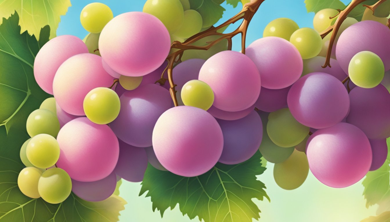 A cluster of ripe cotton candy grapes, with vibrant pink and green hues, glistening under the sunlight. The grapes are plump and firm, ready to be picked and enjoyed for their sweet and juicy flavor