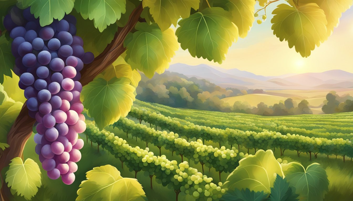 A vineyard with ripe, plump cotton candy grapes hanging from the vines, surrounded by lush green leaves and basking in the warm sunlight