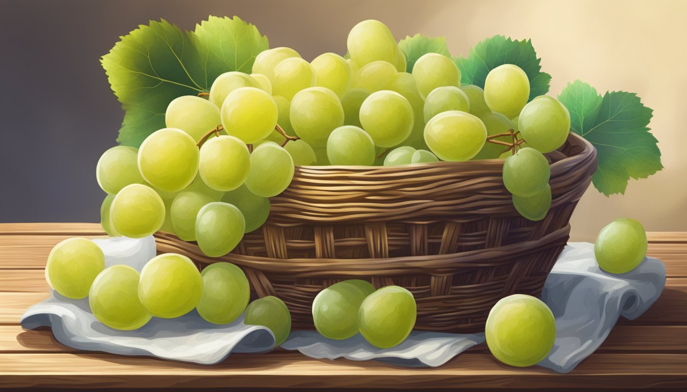 A bunch of ripe cotton candy grapes nestled in a wicker basket with a few scattered on a wooden table