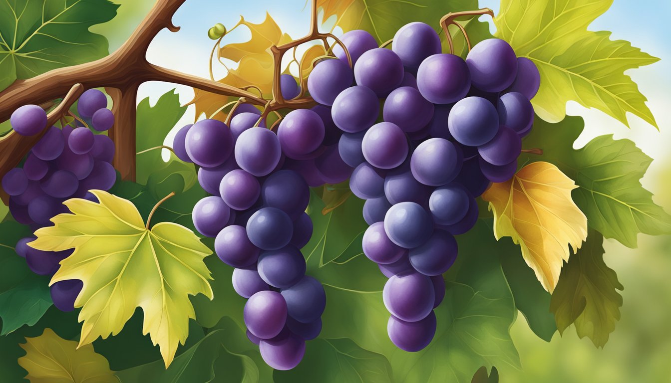 A cluster of ripe autumn king grapes hangs from the vine, showcasing its plump, deep purple berries and vibrant green leaves in the background