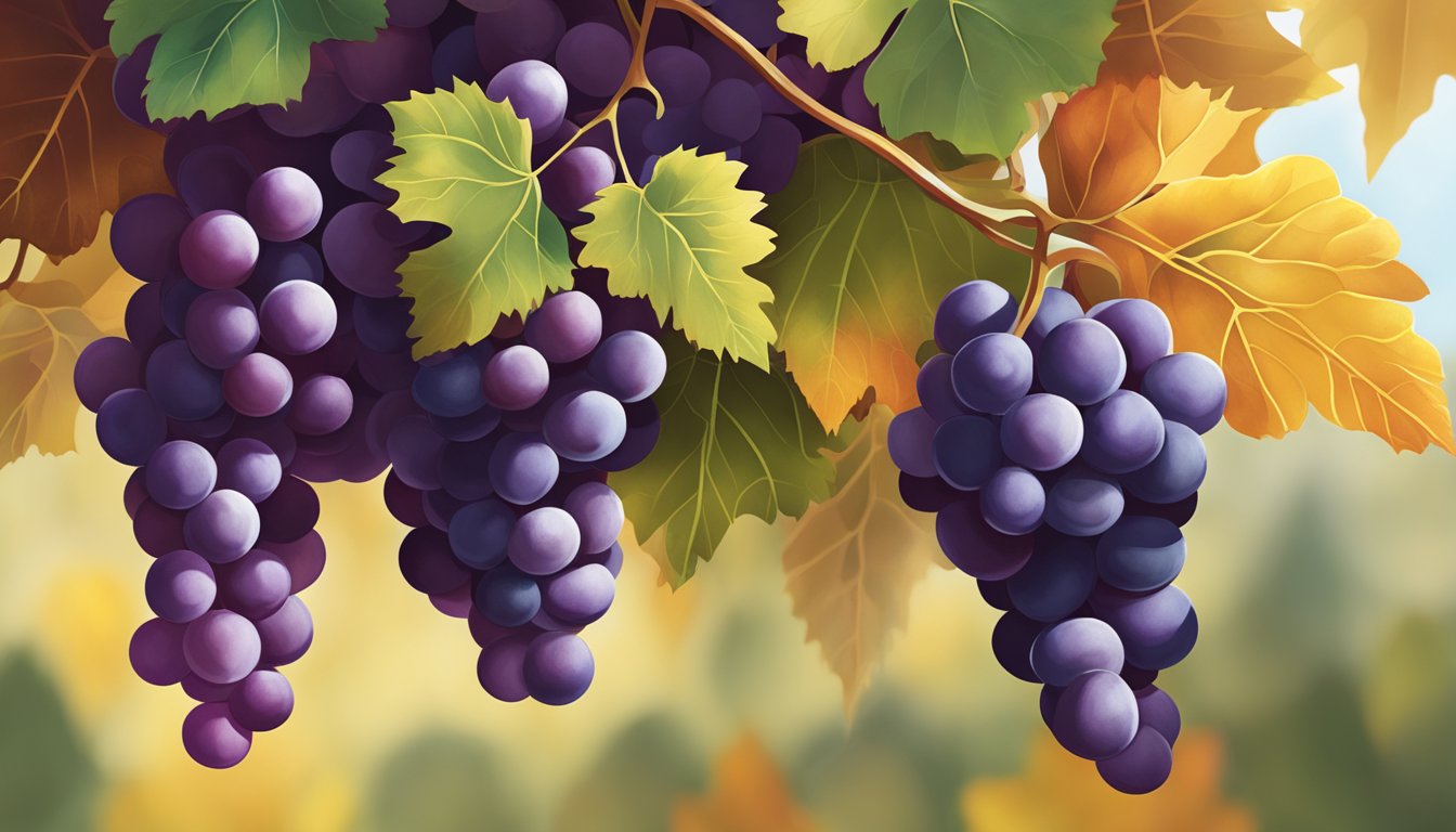 A cluster of Autumn King grapes hanging from the vine with deep purple color and plump, juicy-looking berries. The leaves around the cluster are starting to turn yellow and red