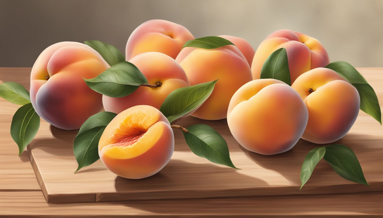 A cluster of Crest Haven peaches on a wooden countertop, one peach showing slight softness and golden blush