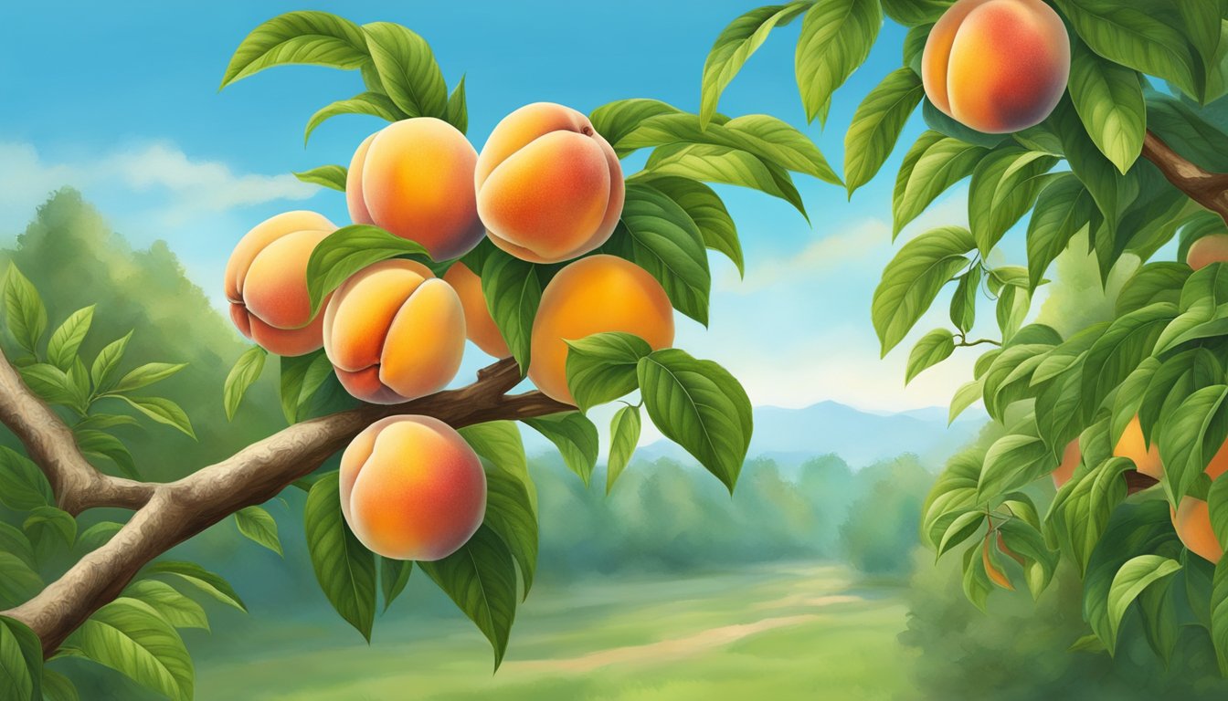 A branch heavy with ripe Crest Haven peaches hanging from a healthy peach tree, surrounded by vibrant green leaves and clear blue sky