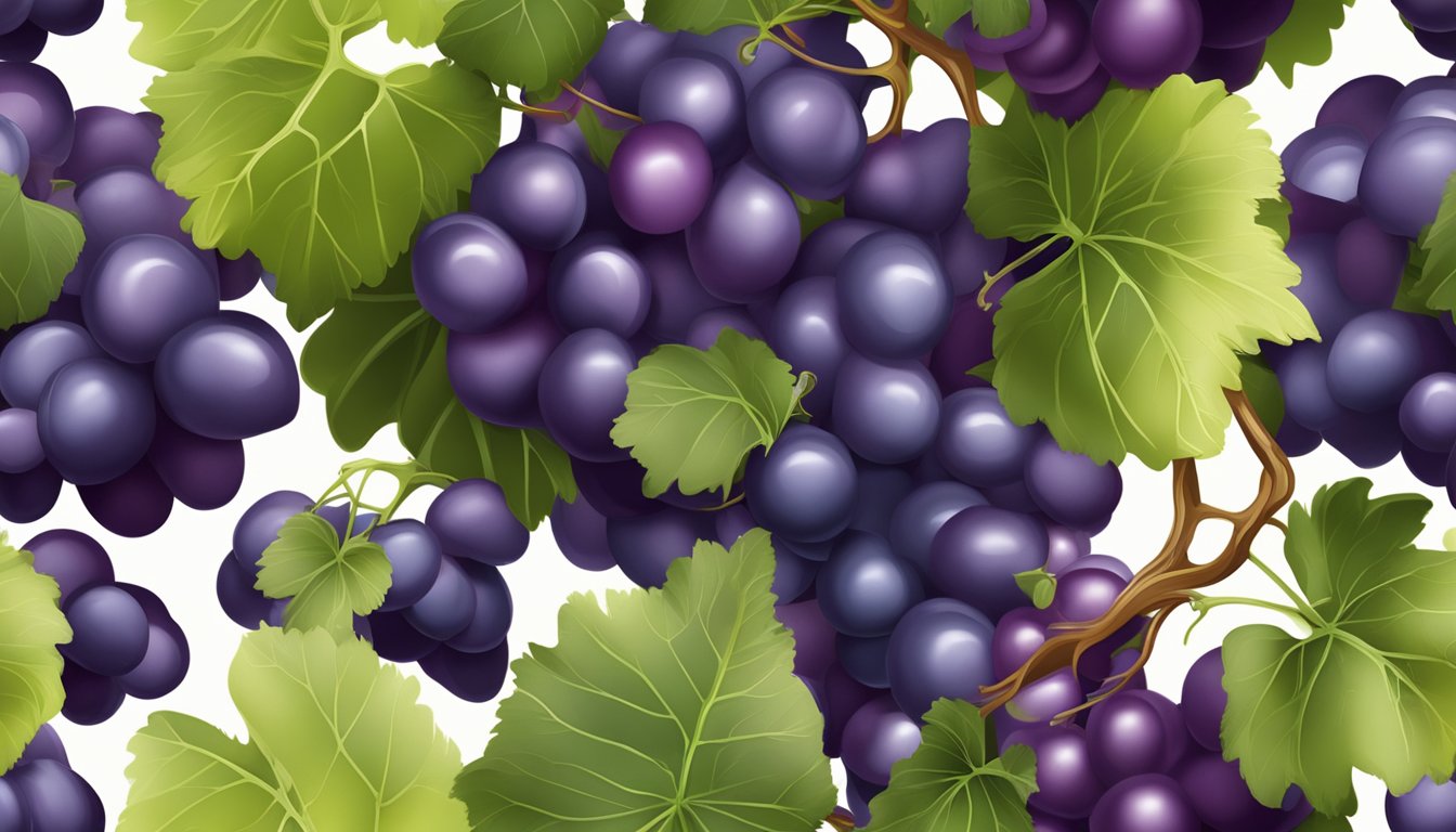 A bunch of Moon Drop grapes hanging from the vine, deep purple in color, plump and firm to the touch, with a glossy sheen