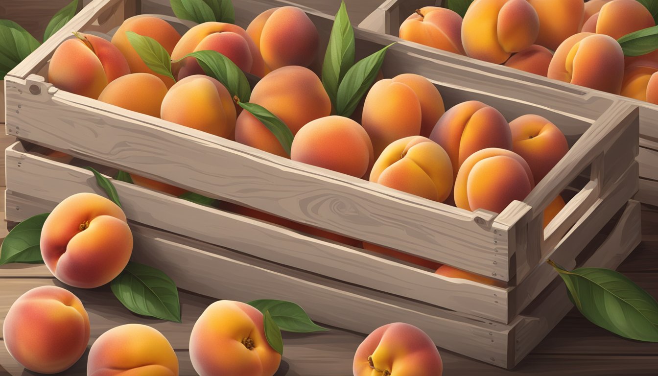 A crate of Crest Haven peaches sits on a wooden table. Some peaches are ripe, with a vibrant orange color and a slight softness to the touch