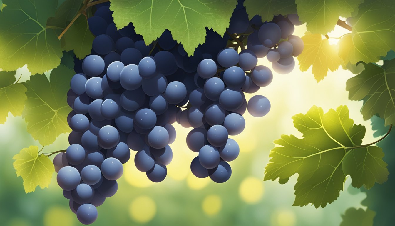 A cluster of ripe moon drops grapes hanging from a vine, surrounded by lush green leaves and bathed in soft sunlight