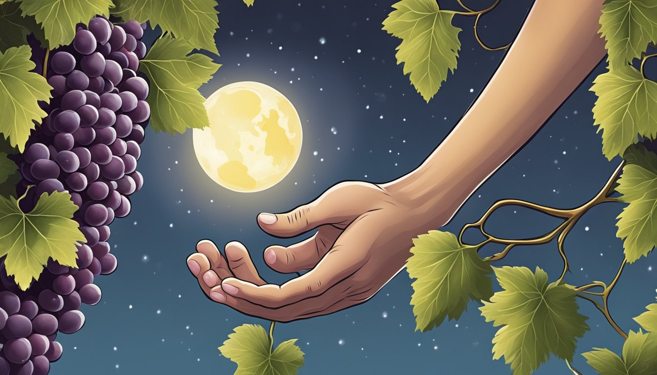 A hand reaching for moon drops grapes, examining their color and firmness for ripeness