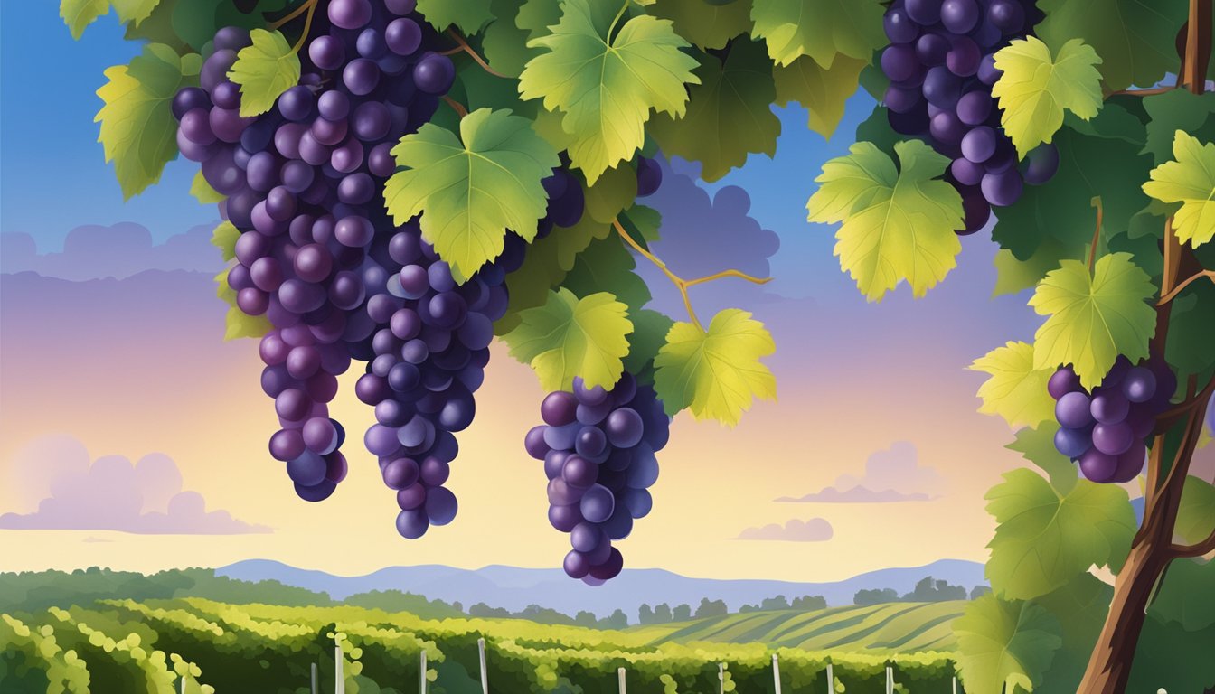 A vineyard with lush, dark purple moon drops grapes hanging from the vines, surrounded by green leaves and a clear blue sky overhead