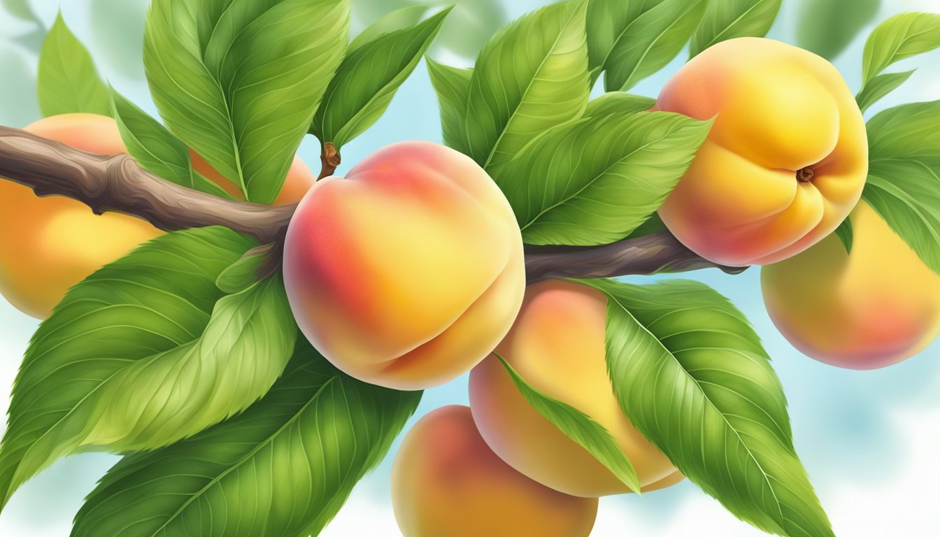 A ripe peach with yellow flesh, soft to the touch, sweet aroma, and vibrant color, surrounded by green leaves on a tree branch