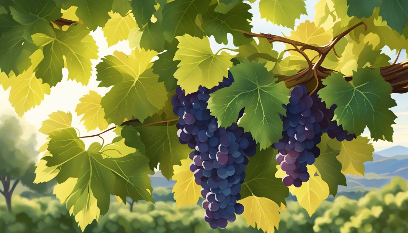 Sunlight filtering through grapevine leaves, casting dappled shadows on clusters of ripe Thompson Seedless grapes. Rich soil and well-tended vines surround the fruit