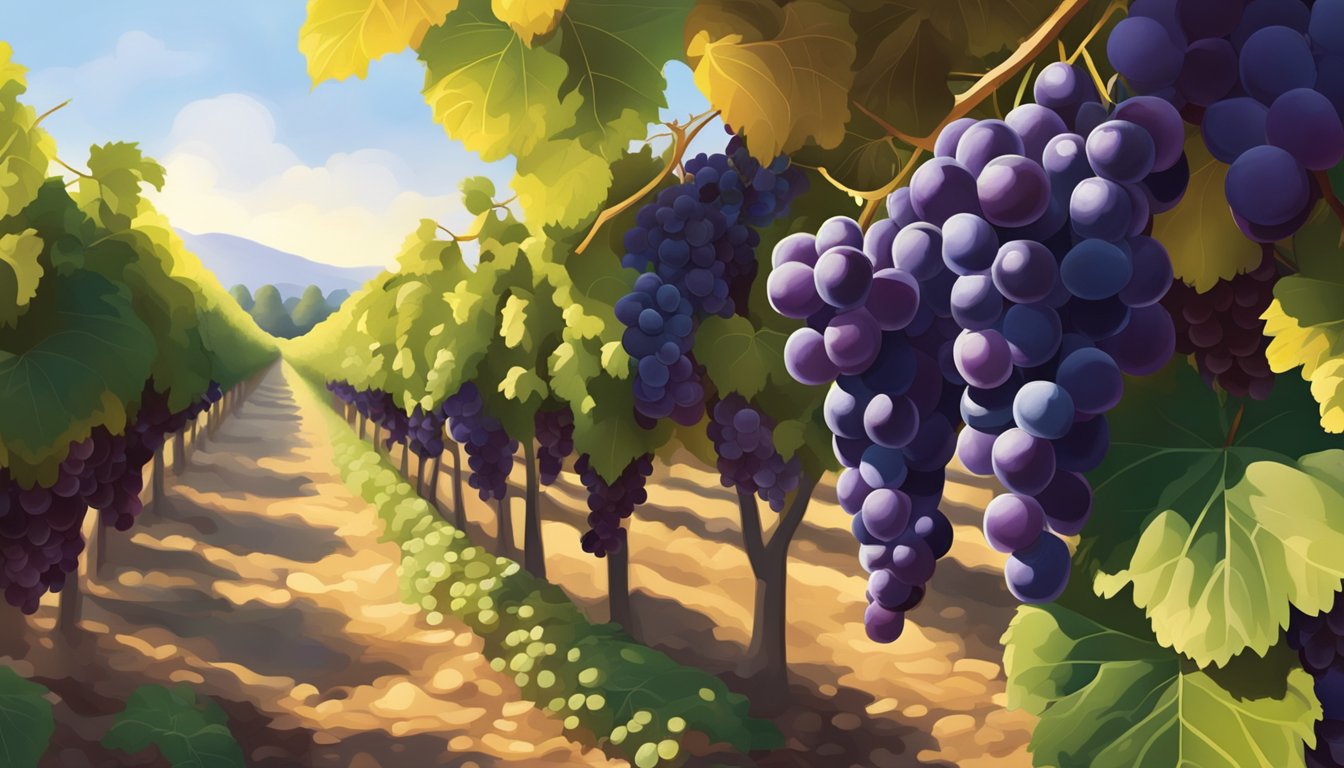 Lush vineyard with ripe, deep purple Concord grapes hanging from the vines, surrounded by rich, fertile soil and dappled sunlight