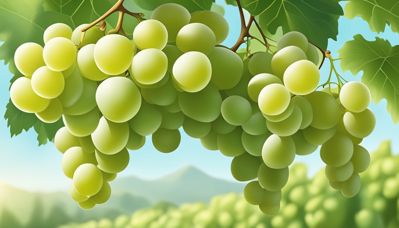 A cluster of Thompson Seedless grapes, plump and firm with a pale green color, hangs from a vine in a sunlit vineyard